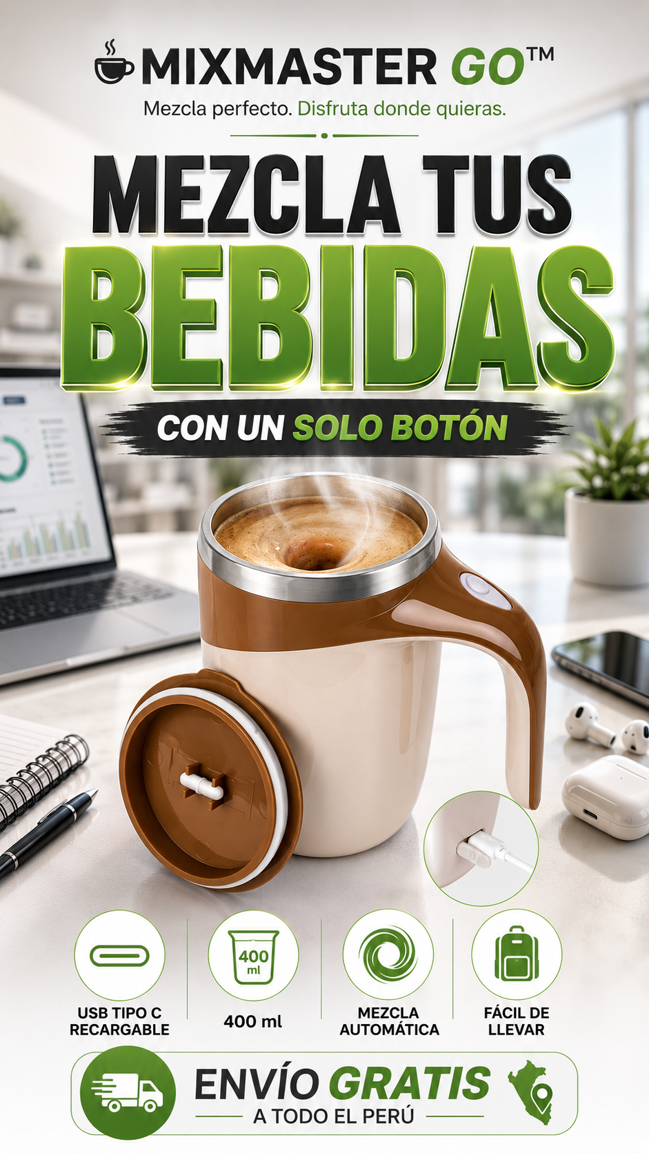 MixMaster Go: Taza Mezcladora de 400ml - Carga USB Tipo C