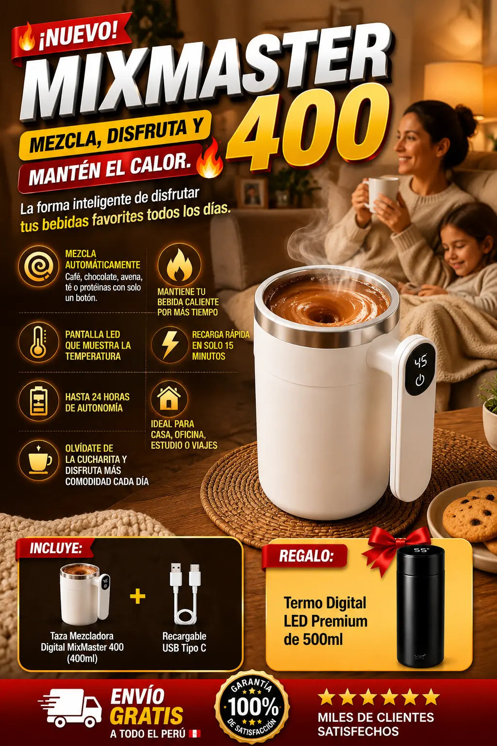MixMaster 400: Taza Mezcladora Digital USB 400ml + REGALO: Termo Digital 500ml
