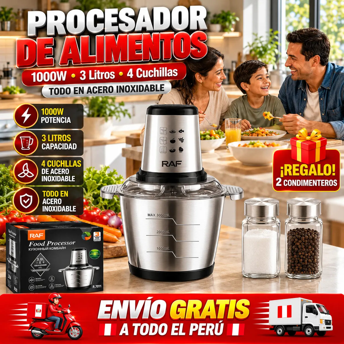 Procesador de Alimentos RAF - 1000W, 3L + REGALO: 2 Condimenteros Vidrio