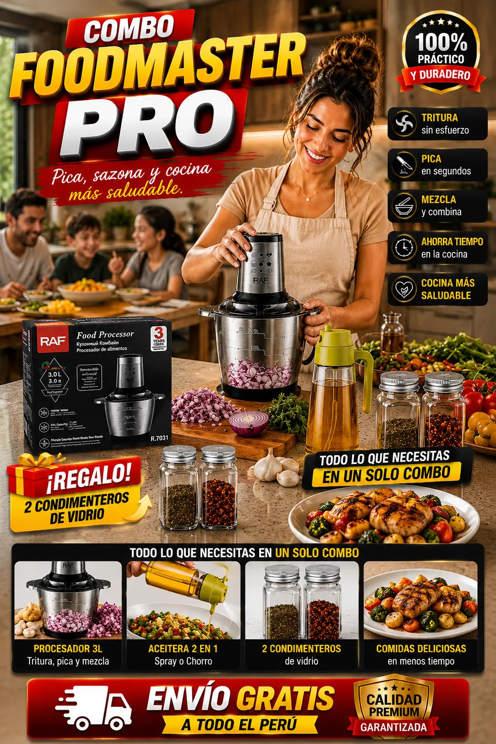 Combo FoodMaster Pro: Procesador de Alimentos 3Lt y 1000W + Dispensador de Aceite 2 en 1 + REGALO: 2 Condimenteros de Vidrio