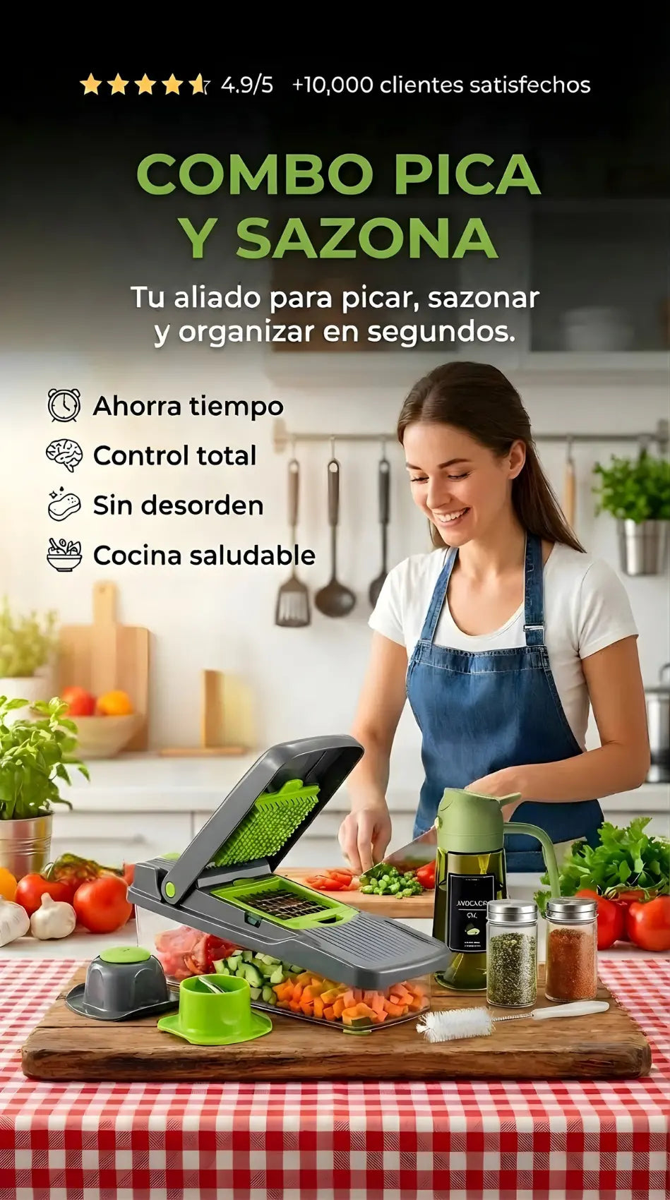 Combo Pica y Sazona: Cortador de Verduras 16 en 1 + Aceitero 2 en 1 + REGALO: Pack de Condimenteros