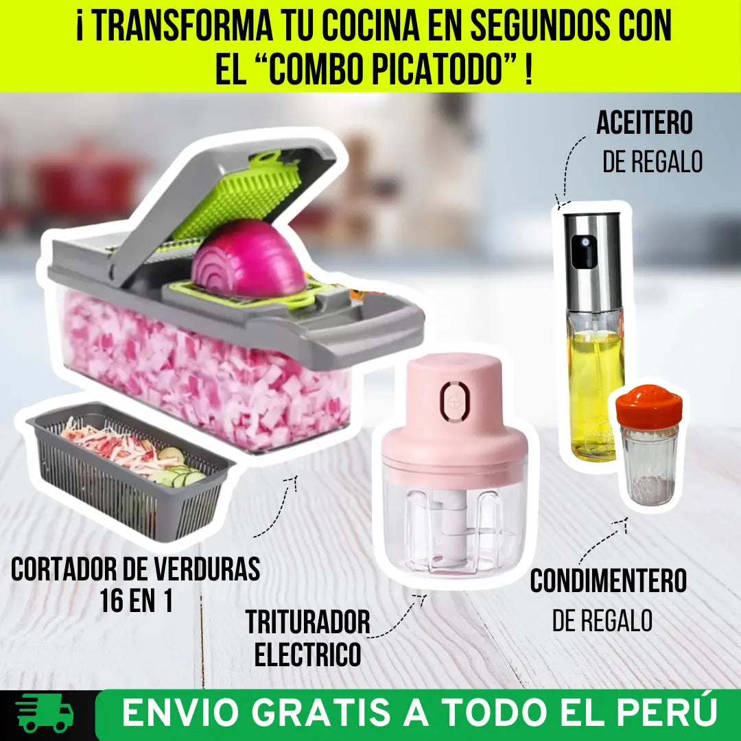 Combo Picatodo: Cortador de Verduras 16 en 1 + Triturador Inalámbrico 100ml + Aceitero en Spray - Condimentero (REGALO)