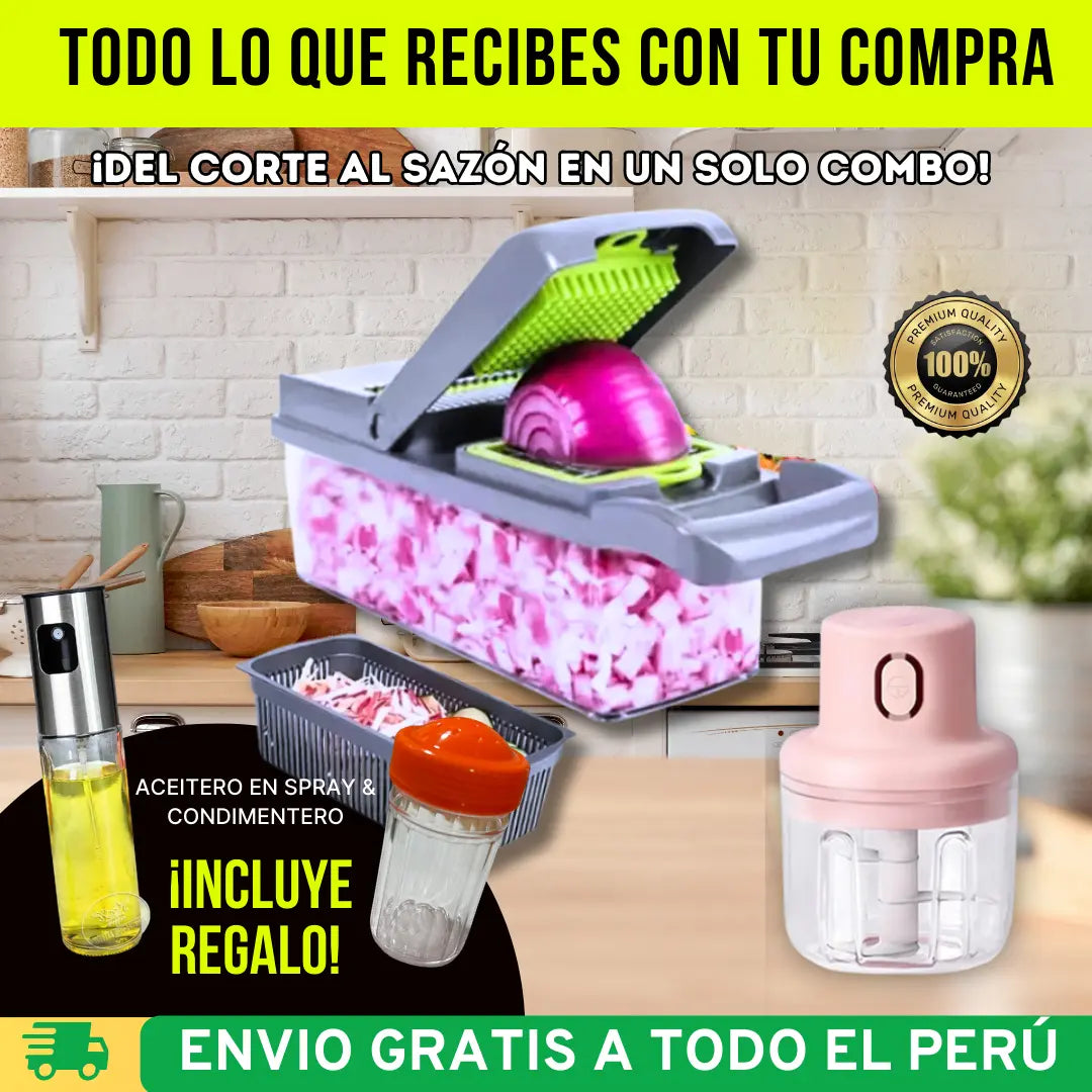 Combo Picatodo: Cortador de Verduras 16 en 1 + Triturador Inalámbrico 100ml + Aceitero en Spray - Condimentero (REGALO)