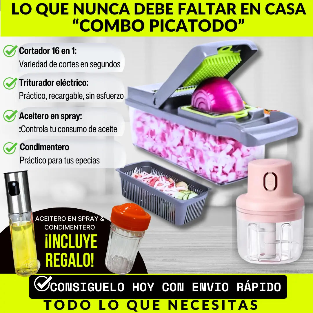 Combo Picatodo: Cortador de Verduras 16 en 1 + Triturador Inalámbrico 100ml + Aceitero en Spray - Condimentero (REGALO)