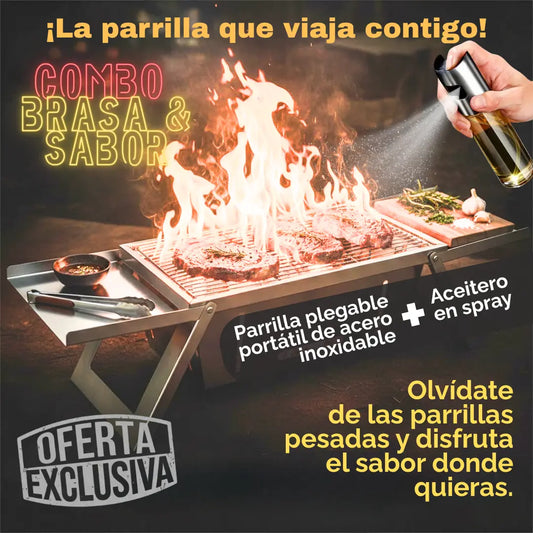 Combo Brasa & Sabor: Parrilla Plegable Portátil Ac. Inox + Regalo: Aceitero en Spray + Guantes + Funda