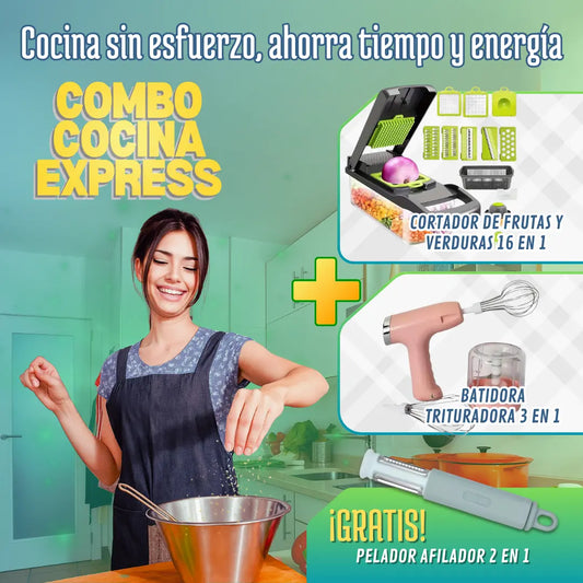 Combo Cocina Express: Cortador de Verduras 16 en 1 + Batidor - Triturador 3 en 1 + REGALO: Pelador - Afilador