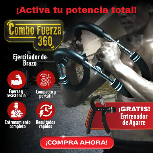 Combo Fuerza 360: Ejercitador de Brazos + REGALO: Fortalecedor Agarre de Mano