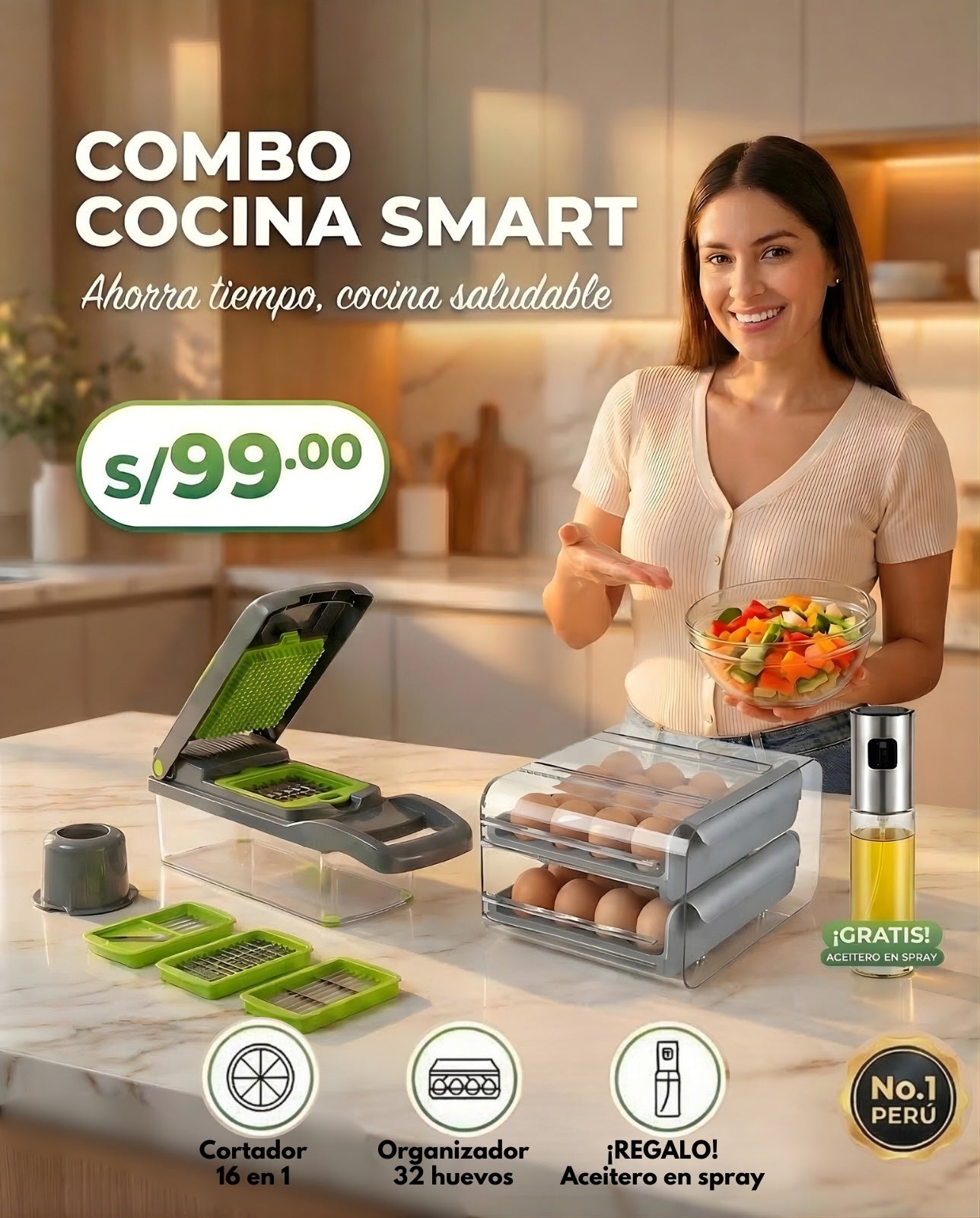 Combo Cocina Smart: Cortador de Frutas y Verduras 16 en 1 + Organizador de Huevos 32 unids. + REGALO: Aceitero en Spray 100ml