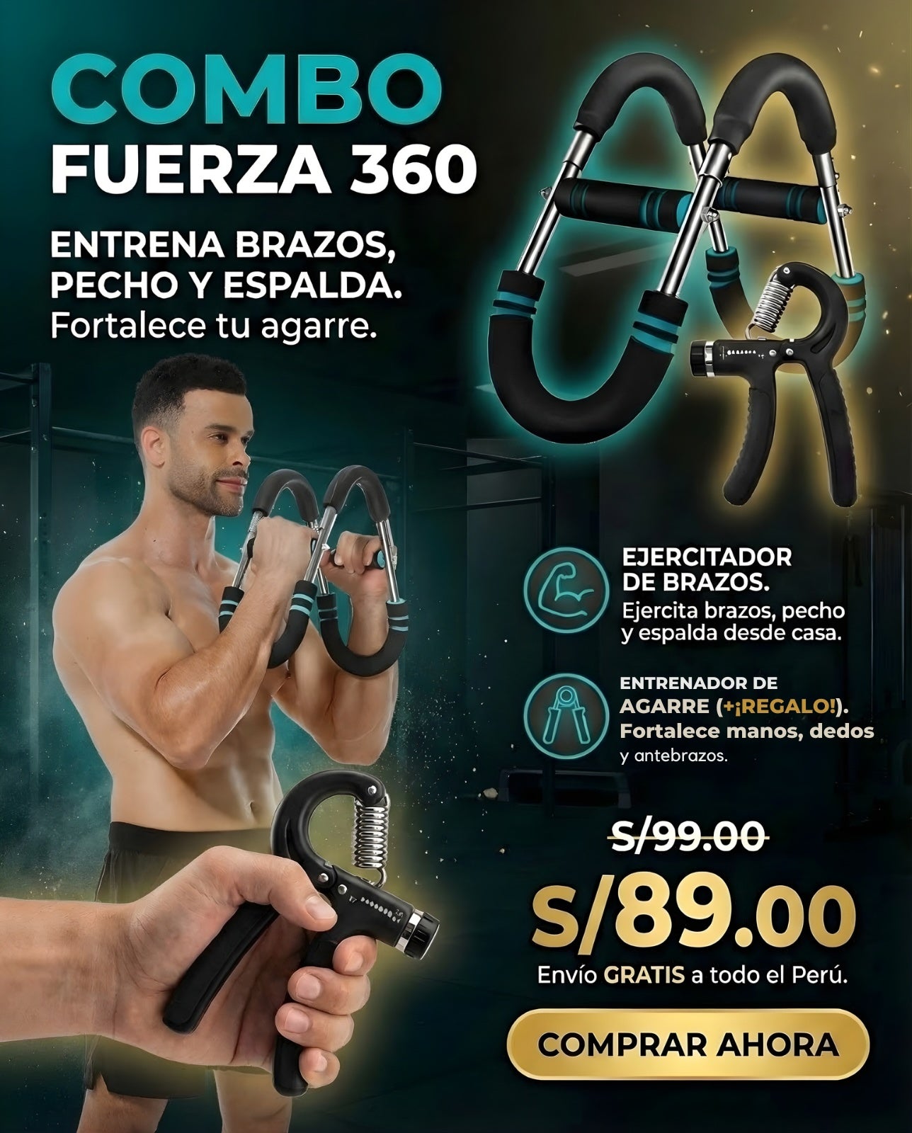 Combo Fuerza 360: Ejercitador de Brazos + REGALO: Fortalecedor Agarre de Mano
