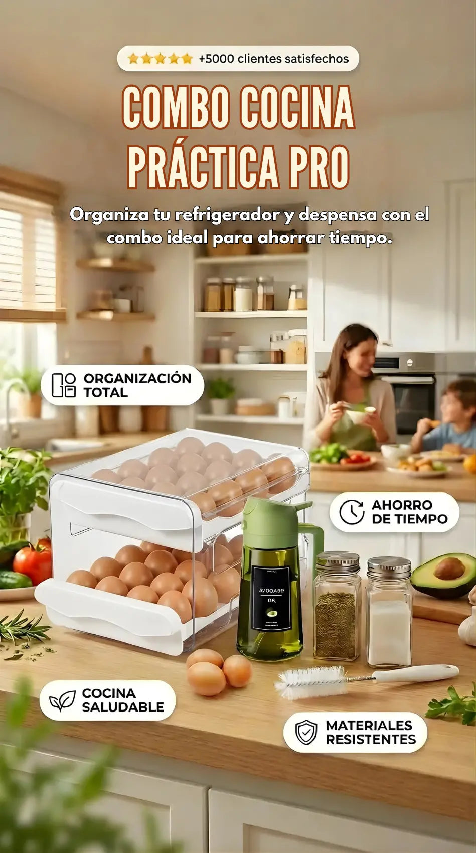 Combo Cocina Práctica Pro: Organizador de Huevos en Acrílico 32 unids + Aceitero 2 en 1 + REGALO: Pack de Condimenteros