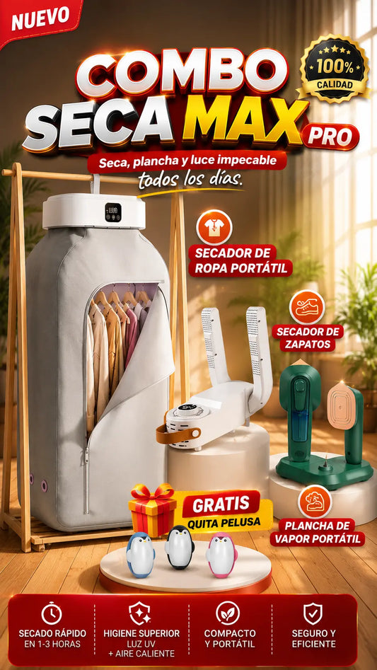 Combo Secamax Pro: Secador Portátil de Ropa + Secador de Zapatillas + Plancha Portátil de Vapor + REGALO: Quita Pelusa
