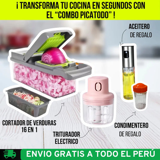Combo Picatodo: Cortador de Verduras 16 en 1 + Triturador Inalámbrico 100ml + Aceitero en Spray - Condimentero (REGALO)