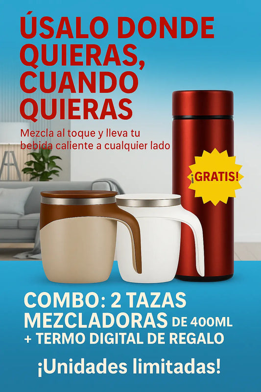 Combo Calor Instantáneo: 2 Tazas Mezcladoras 400ml + REGALO: Termo Digital 500ml