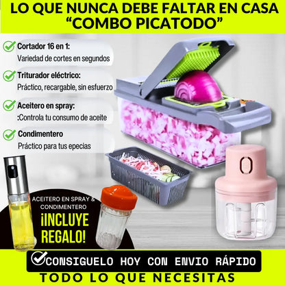 Combo Picatodo: Cortador de Verduras 16 en 1 + Triturador Inalámbrico 100ml + Aceitero en Spray - Condimentero (REGALO)